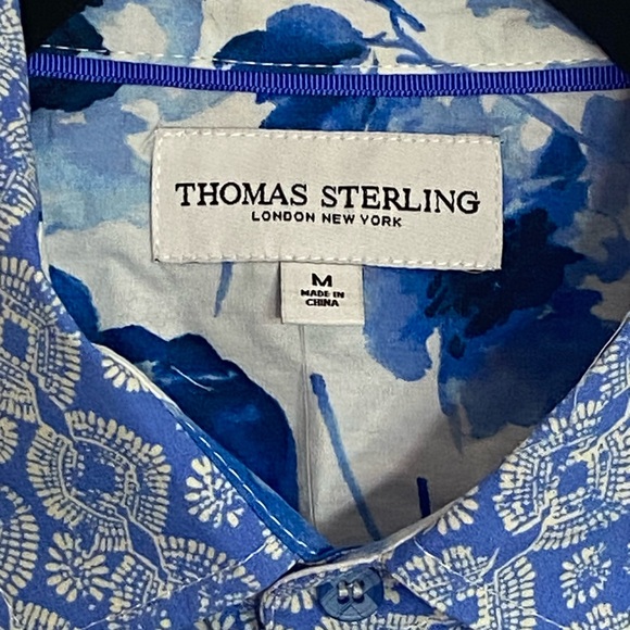 Thomas Sterling Mineral Blue and White Geo Print Button Down Cotton SKU0717 - Picture 4 of 5